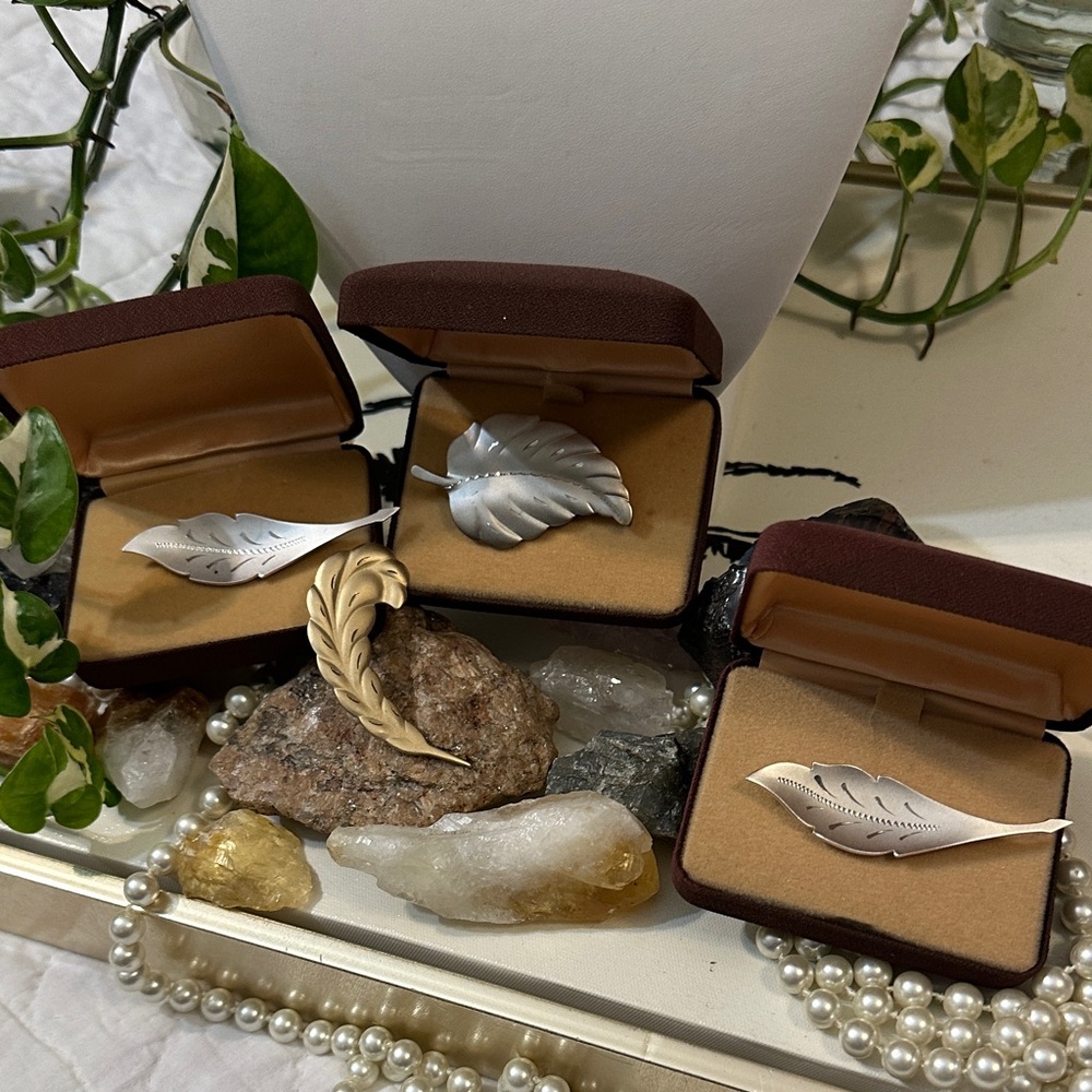 Vintage Fall Bundle of 4 w/ 3 original antique boxes Silver Gold Leaf Brooches